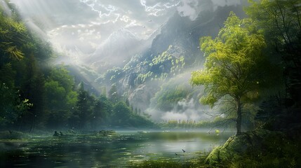 Misty Mountain Lake - Tranquil Nature Photography