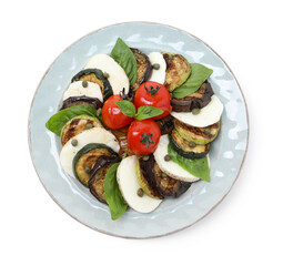 Tasty salad with grilled vegetables and mozzarella cheese isolated on white, top view