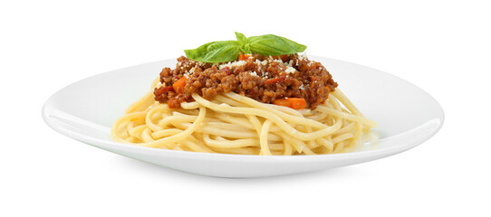 Plate with tasty pasta bolognese isolated on white
