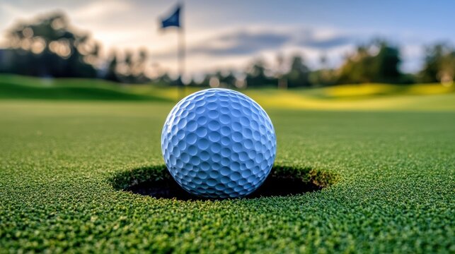 A white golf ball sits on the lip of the cup, ready to be putted into the hole on a green golf course with a flag in the background.