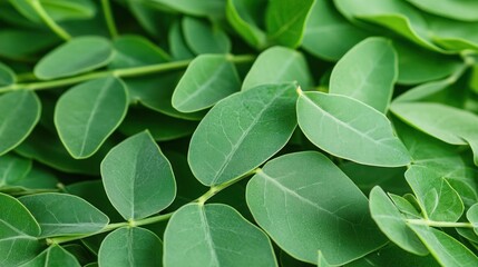 Obraz premium A close-up shot of fresh green moringa leaves.