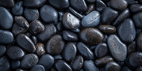 Pile of black pebble stones on the beach, background