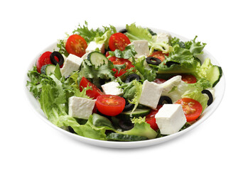 Delicious salad with feta cheese isolated on white