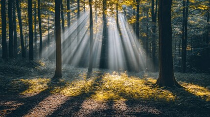 Obraz premium Sunlight beams through the trees in a dense forest, creating a mystical and ethereal atmosphere.
