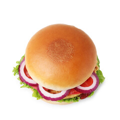 Delicious vegan burger with chickpea cutlet isolated on white, top view