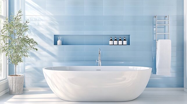 bathroom with white bathtub and white sink, light blue tiles on the wall