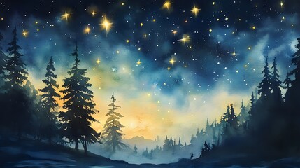 Naklejka premium Watercolor Painting of Silhouetted Trees Against a Starry Night Sky