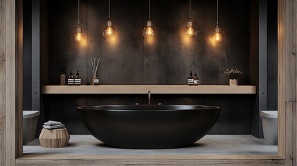 Modern industrial minimalist bathroom, understated luxury decoration, simple and cozy bathroom scene, post-modernist style, 