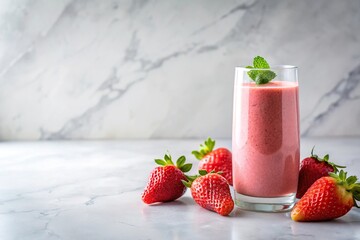 Clean white marble background with reflected strawberry smoothie in glass