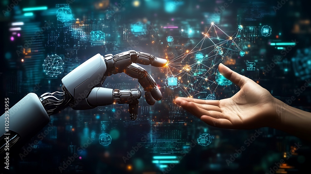 Poster a robotic hand and a human hand reaching out to touch each other, symbolizing the collaboration betw