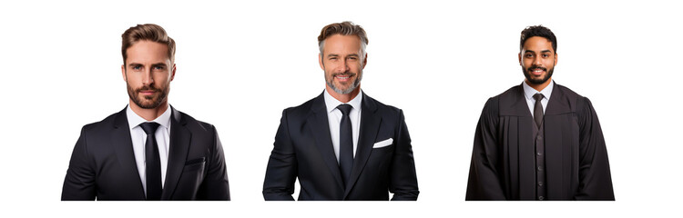 Three men in suits and a robe stand in front of a white background.