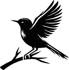Black vector artwork illustration of a flying robin bird silhouette, capturing the graceful motion and elegance of this avian in a simple yet striking design.