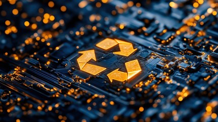 Luminous Recycle Symbol Embedded in a Circuit Board