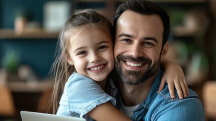 Obraz premium Close-up Portrait of a Smiling Father and Daughter Embracing