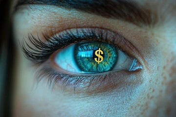 Close-up of a woman's eye with a dollar sign in the reflection.