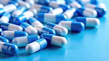 Close up of blue and white pills on blue background from a worm's eye view