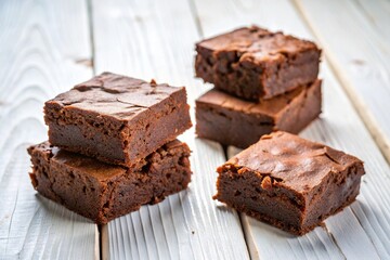 Close up of brownie pieces on white wooden table, fisheye angle