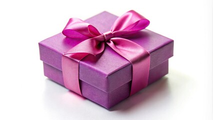 Obraz premium Close up of isolated small purple gift box with a pink lace bow on white background