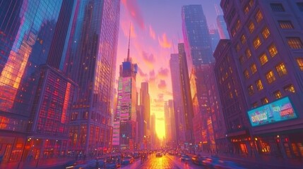 Obraz premium A dynamic sunset scene of a city with tall skyscrapers glowing in warm light, busy streets reflecting the vibrant colors of the city lights