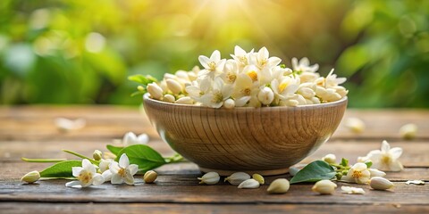Close up of jasmine flowers in a bowl with a natural background, using Forced Perspective