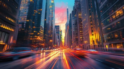 Fototapeta premium A dynamic sunset scene of a city with tall skyscrapers glowing in warm light, busy streets reflecting the vibrant colors of the city lights
