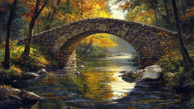 Cracked stone bridge crossing a calm stream in fores