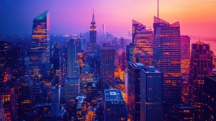 Obraz premium A lively urban scene at dusk with glowing skyscrapers reflecting the sunset hues, streets below filled with the energy of city life