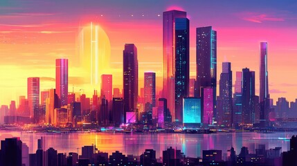 Fototapeta premium A vibrant city skyline at dusk with glowing buildings, reflecting sunset colors, and bustling streets below filled with vibrant urban life