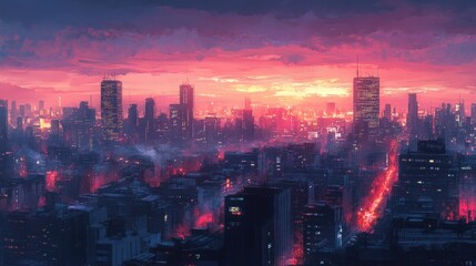 Fototapeta premium A vibrant city skyline at dusk with glowing buildings, reflecting sunset colors, and bustling streets below filled with vibrant urban life