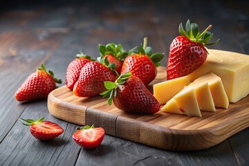 Close up of sliced cheese and strawberries on cutting board