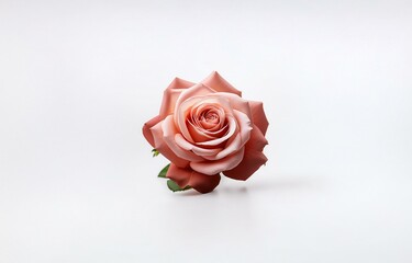 A single, pink rose with green leaves sits on a white background.