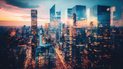 Fototapeta premium A vibrant urban skyline at dusk, featuring glass skyscrapers glowing with city lights, and busy streets below reflecting the hustle and bustle