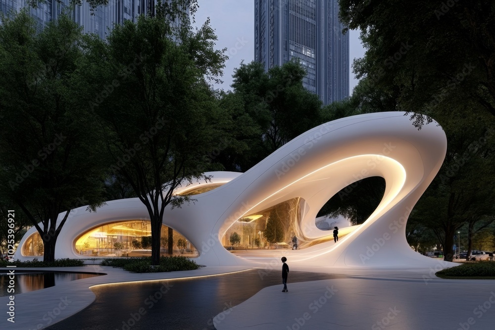 Poster futuristic city where natural elements like towering trees and flowing rivers are seamlessly integra