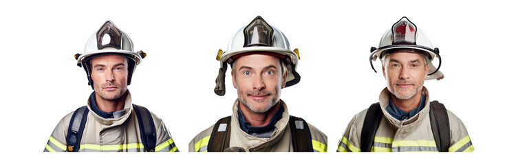 Three isolated portraits of firefighters in uniform, all wearing helmets with their reflective visors down.