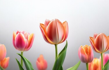 Orange and pink tulips in various stages of bloom against a light grey background.