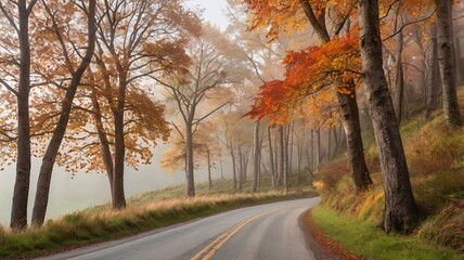 Naklejka premium autumn trees lining a winding country road