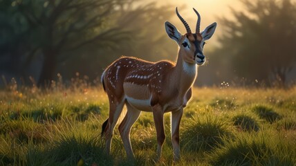 Obraz premium The antelope's silhouette stands out against the lush green grass and the hazy horizon, creating a serene and timeless scene.