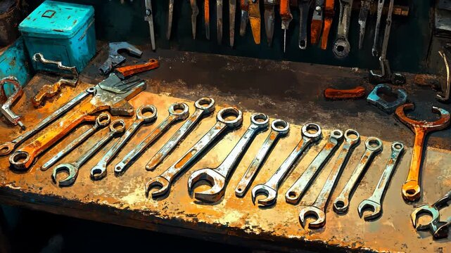 A collection of wrenches lay on a rusty workbench in a garage
