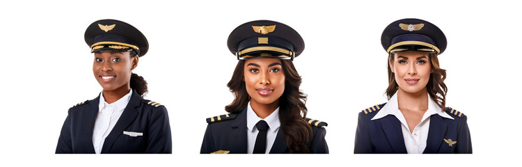 Three women in pilot uniforms, isolated on a white background.