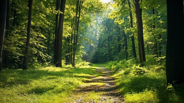 A dirt path winds through a lush green forest, bathed in the warm glow of sunlight filtering through the trees