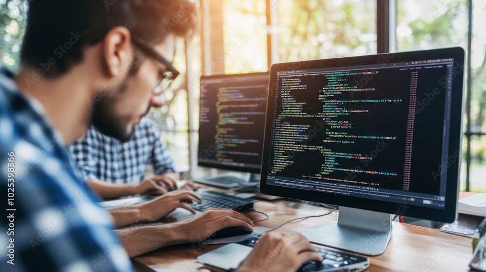 Poster Programmer Working on Code at a Desk