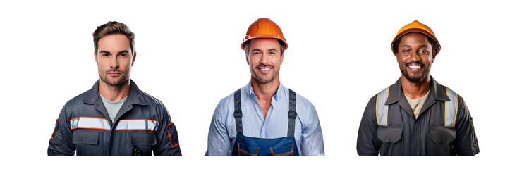 Three men wearing different workwear. One wears an orange hard hat and a blue jumpsuit, one wears a gray uniform with a reflective stripe, and one wears a dark shirt and a gray reflective vest.