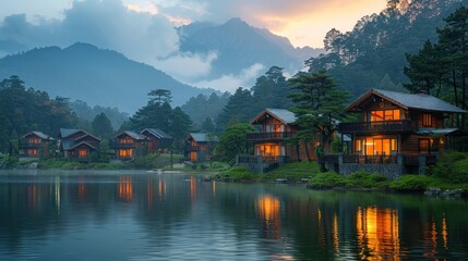 Naklejka premium Mountain Lake Cabins at Sunset