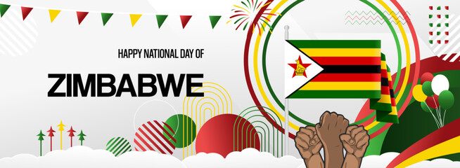 Zimbabwe national day festive banner. Creative modern design for holiday celebration, greeting card, billboard, sport event backdrops. April 18th. Happy Zimbabwe Independence Day