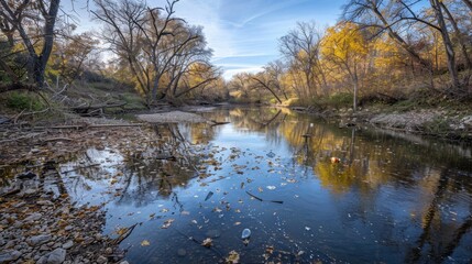 Obraz premium Tranquil River Surrounded by Autumn Foliage