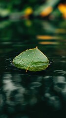 Green leaf over water reflection. fresh green leaf with water drop, relaxation nature concept. green leaves reflecting in the water