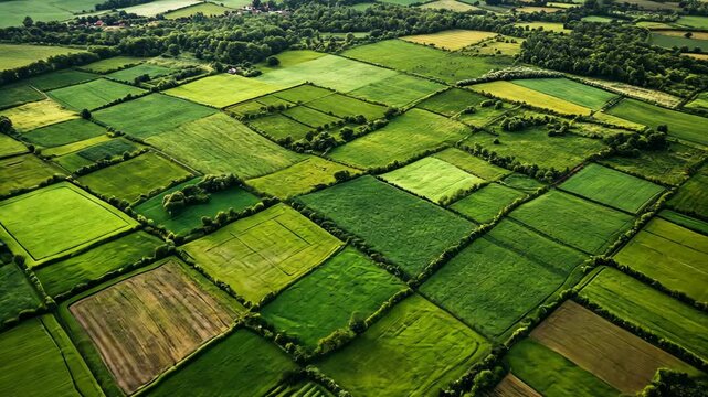 An aerial view of a patchwork of green fields in the countryside