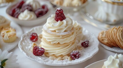 Delicious Cream Dessert with Raspberries