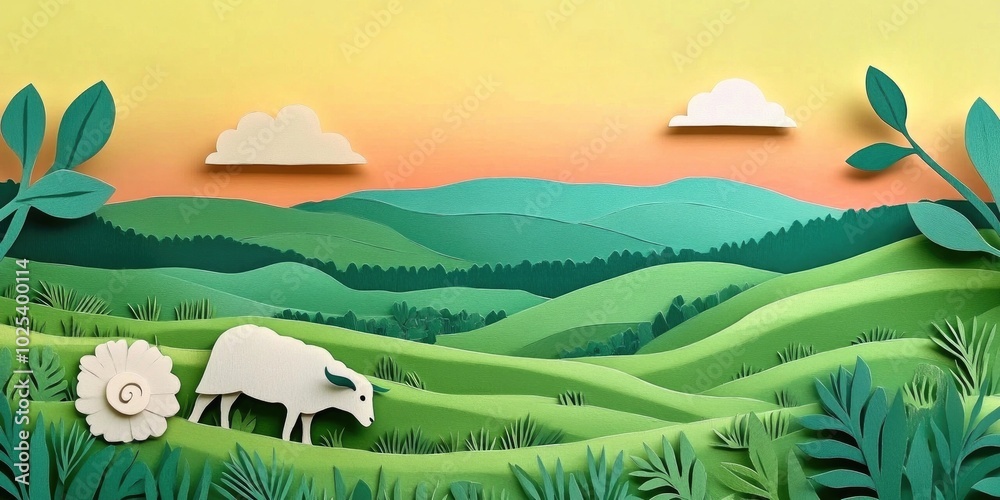 Aufkleber sheep grazing in a grassy field with a hillside in the background, sheep grazing on green grass with