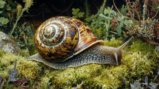 A snail with a brown and yellow shell is slowly moving through green moss